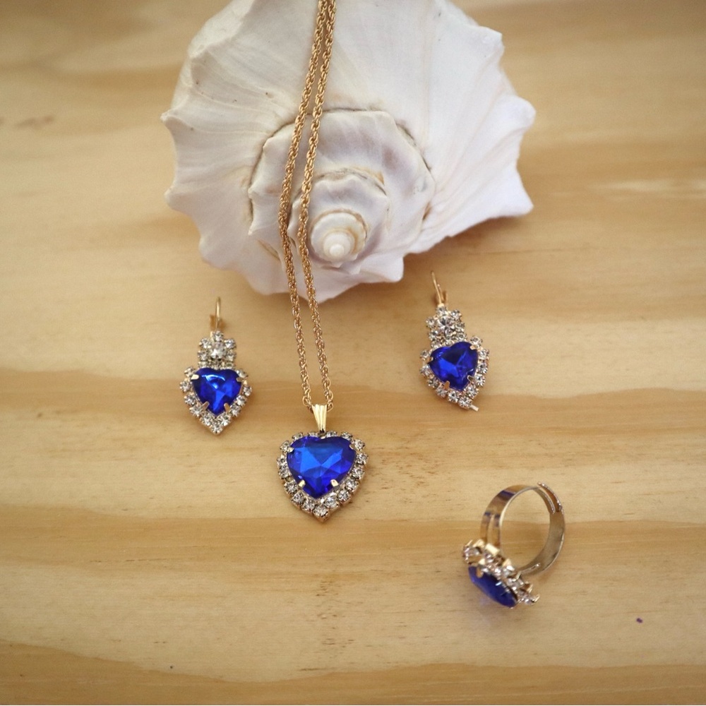 Blue Heart Shape Zirconia‎ Jewelry Set Necklace, Earrings and Ring 3 Pieces Set